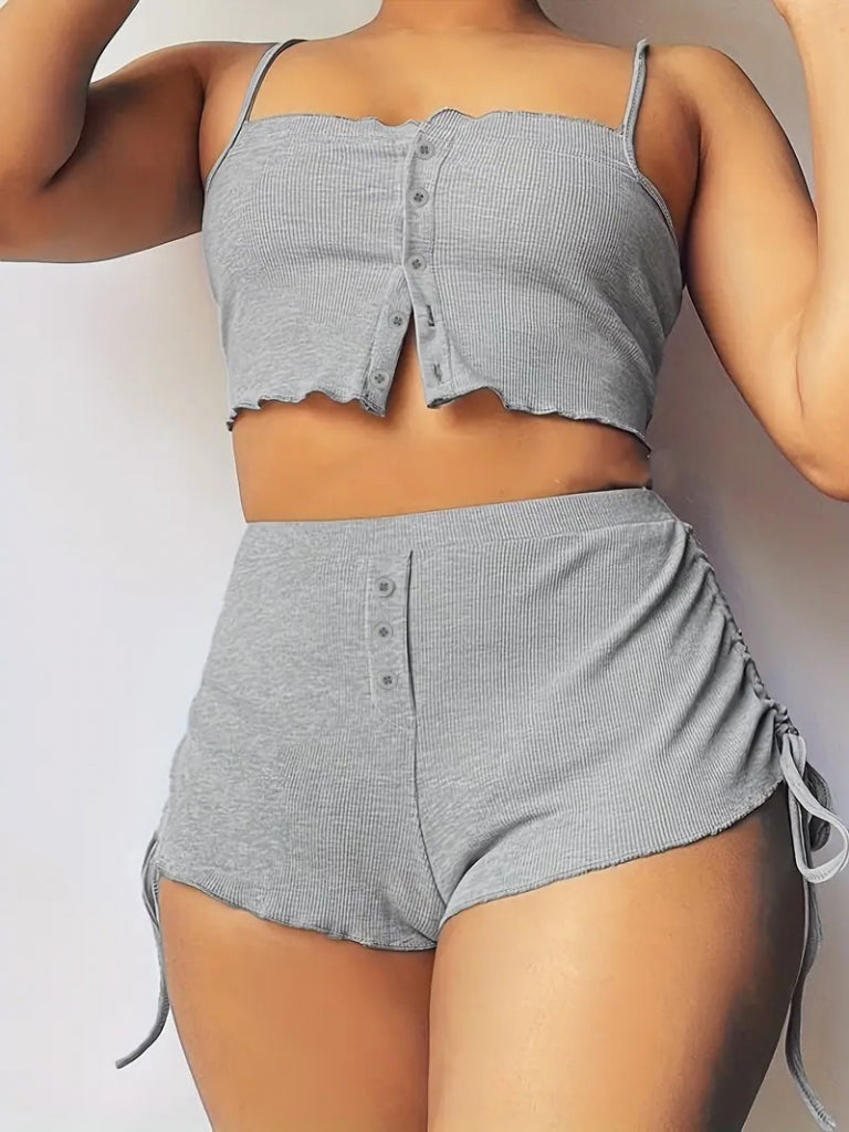 Women's Spaghetti Strap Crop Blouse and Ruched Sides Double Kashkorse Shorts Set