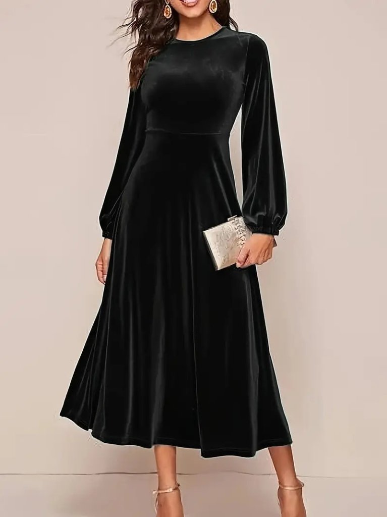 Women's Long Sleeve Crew Neck Midi Velvet Dress
