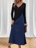Women's Long Sleeve V-Neck Color Block Viscose Dress