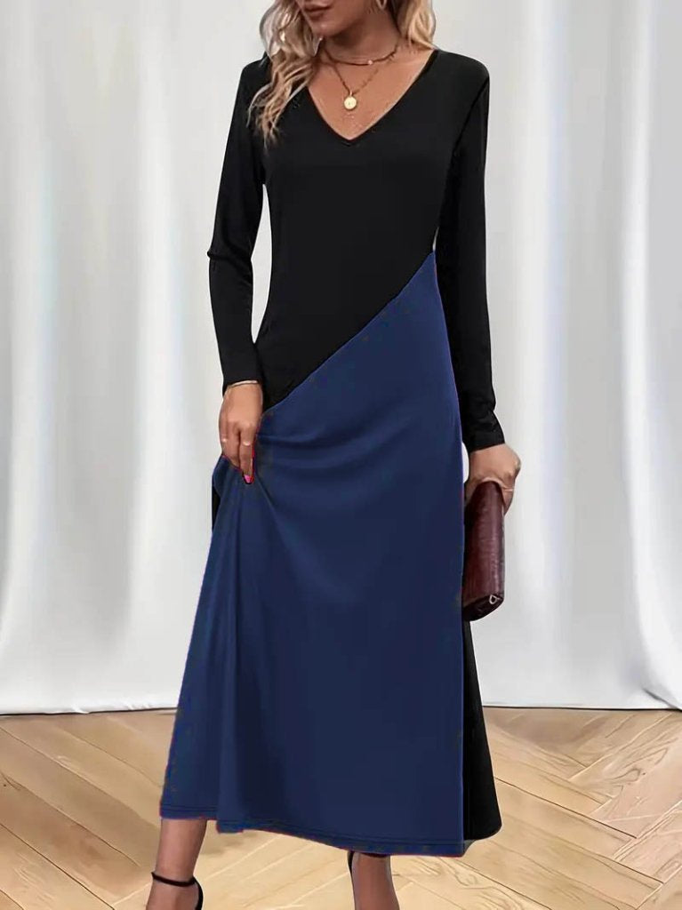 Women's Long Sleeve V-Neck Color Block Viscose Dress