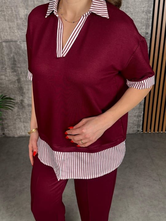 Women's Modal Fabric Striped Shirt Collar Two-Piece Set