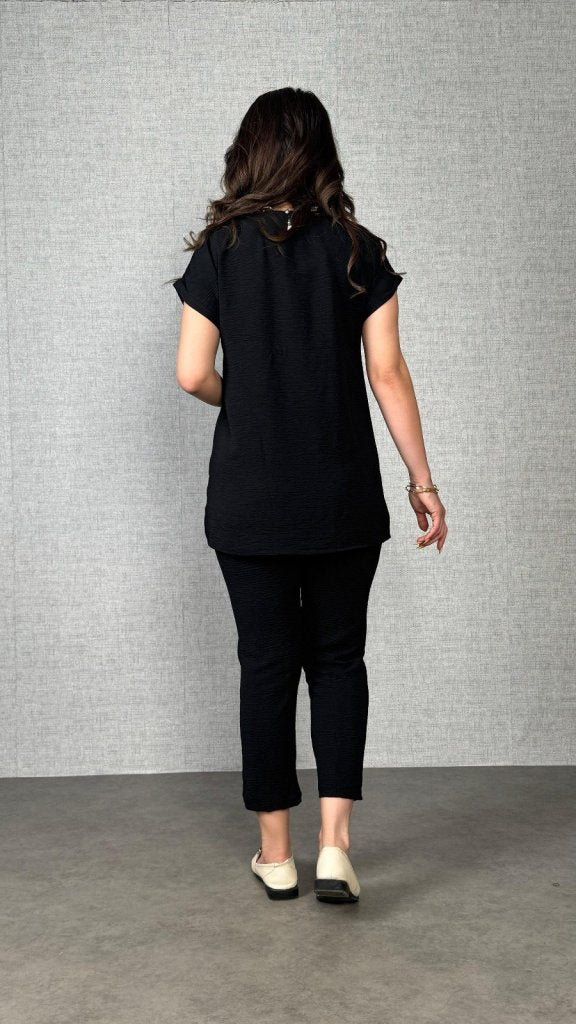 Women's Short Sleeve Round Neck Aerobin Blouse and Pants Two-Piece Set