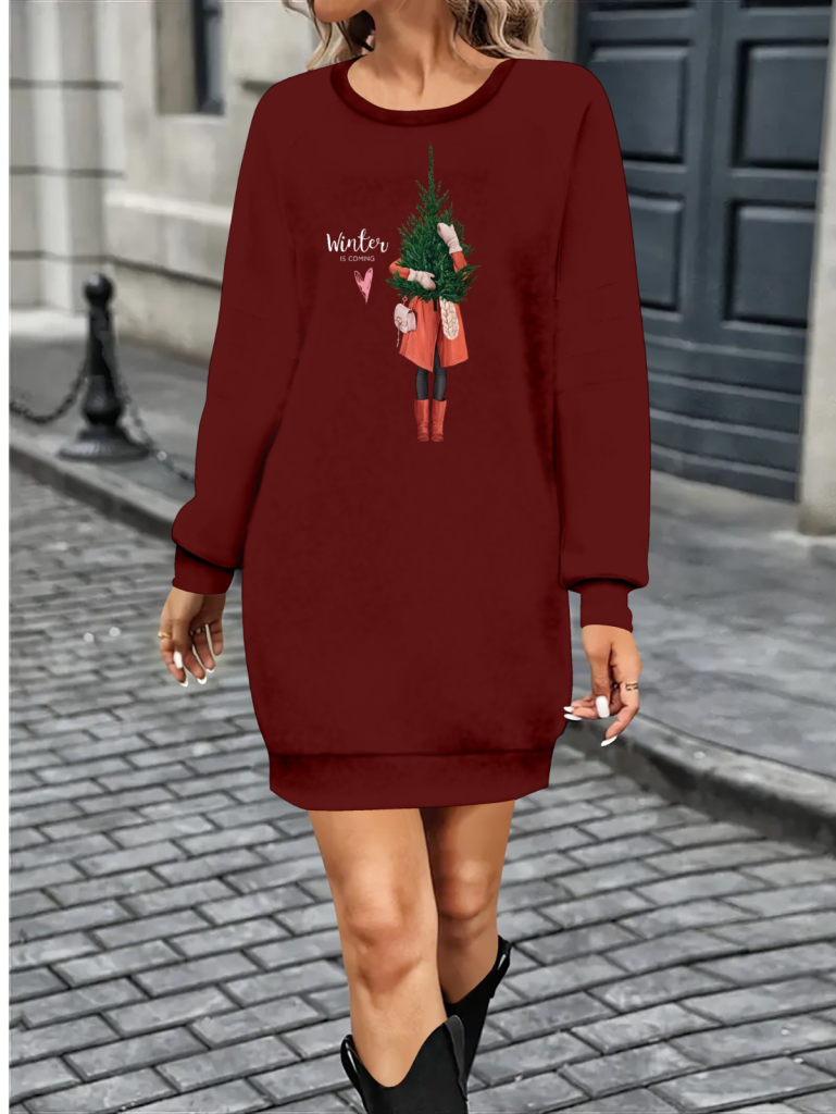 Women's Long Sleeve Crew Neck Patterned Short Viscose Double Thread Dress