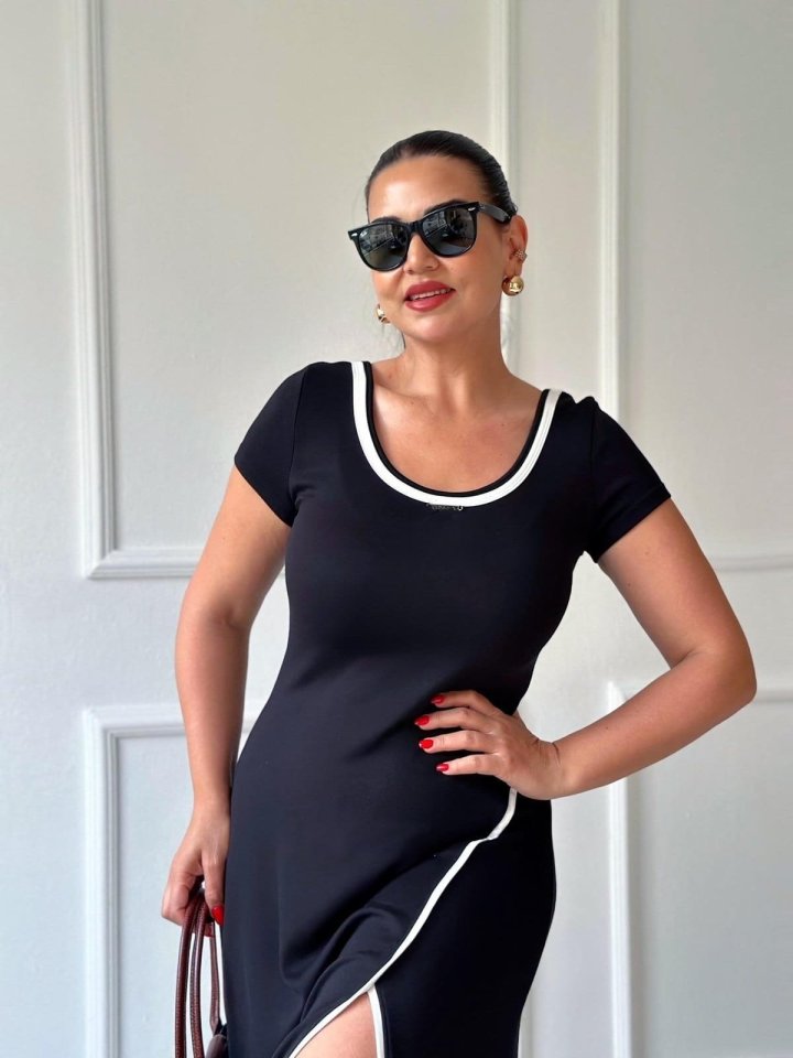 Women's Round Ribbed Neck White Slit Detail Viscose Full Length Dress