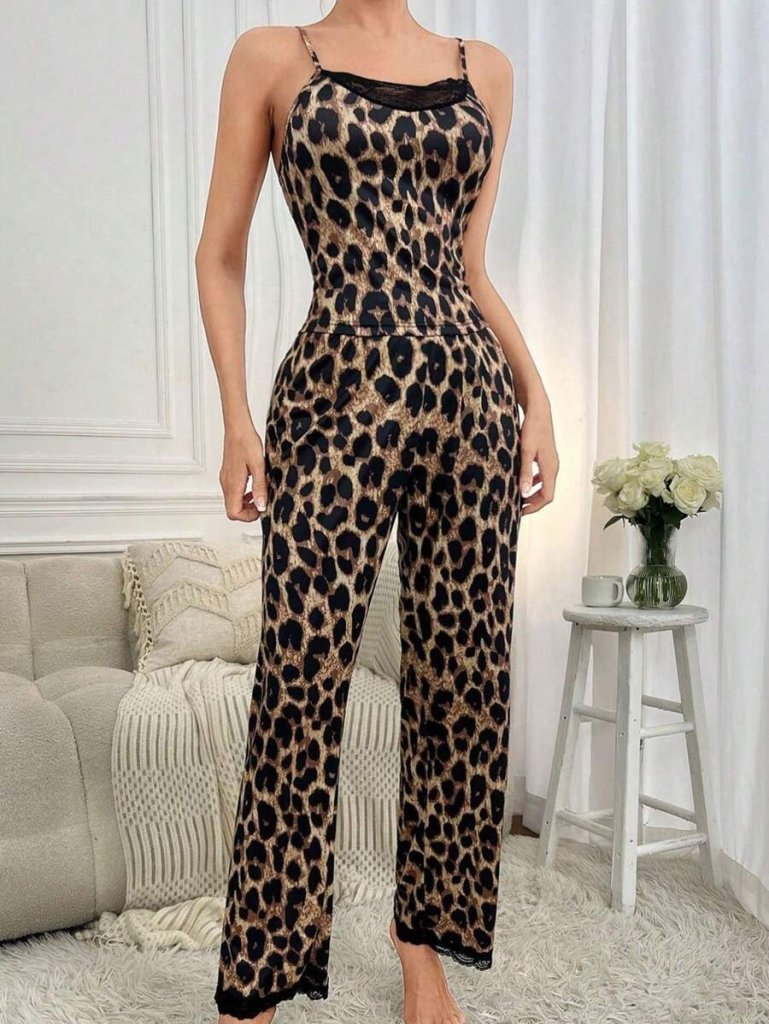 Women's Spaghetti Strap Lace Collar Blouse and Pajama Sandy Two-Piece Set