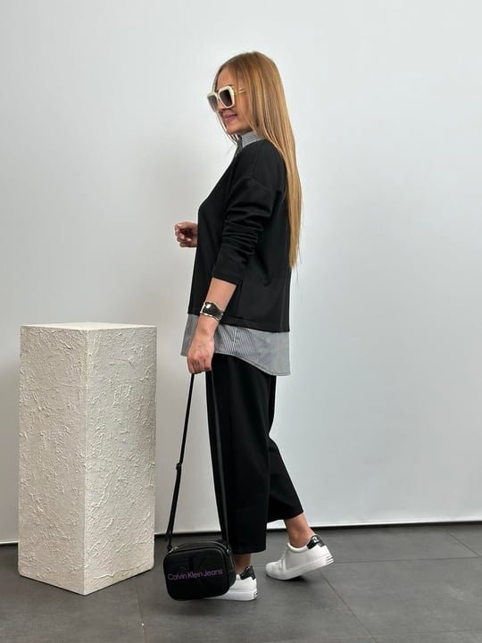 Two-Piece Set with Polo Collar Shirt and Loose Balloon Trousers