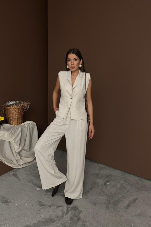 Beige Linen Vest Pants Set