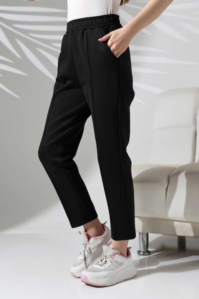 Women's Long Sleeve Scuba Fabric Pocket Detail Elastic Waist Non-Iron Trousers