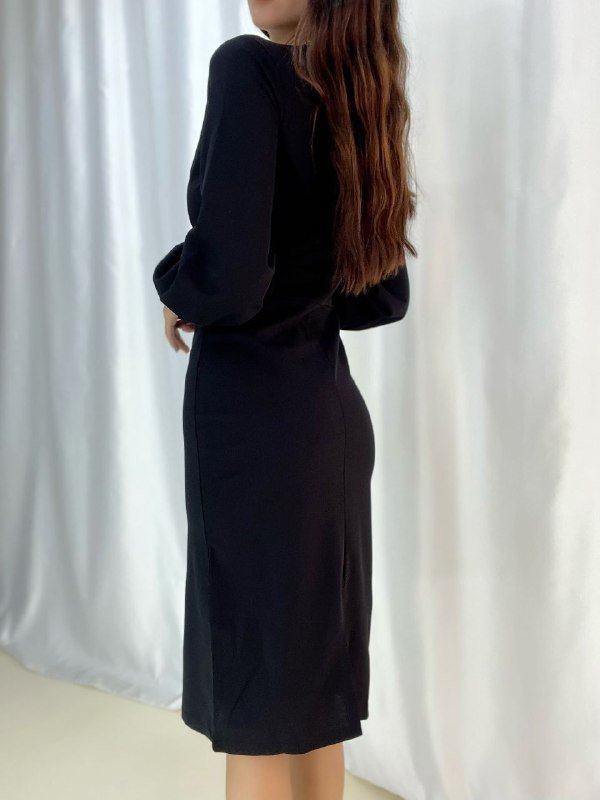 Women's Crossover Neck Balloon Sleeve Midi Dress