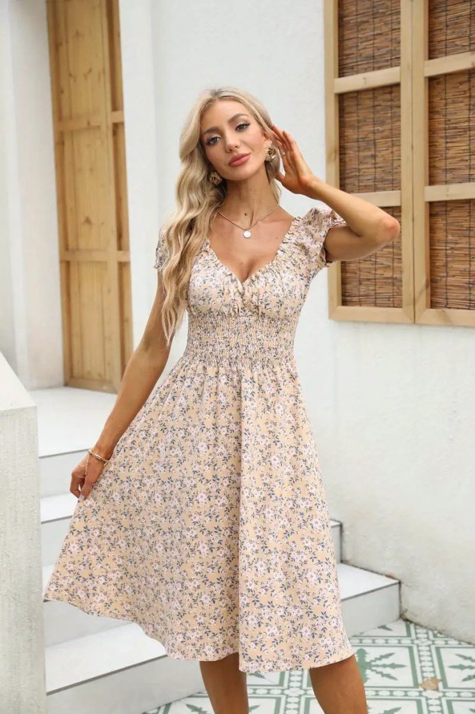 Women's Short Sleeve Wrap V-Neck Shirred Waist Floral Print Suprema Dress