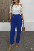 Women's Button Detail Wide-Leg Imported Crepe Trousers