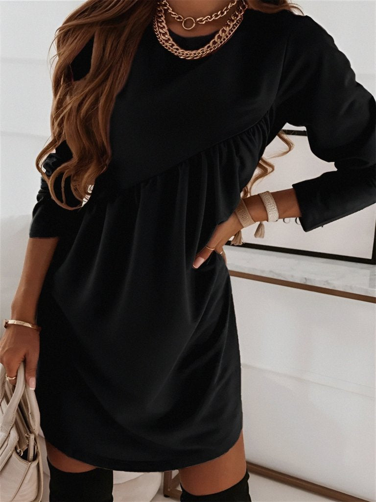 Women's Long Sleeve Crew Neck Crossover Ruched Detail Two-Thread Mini Dress