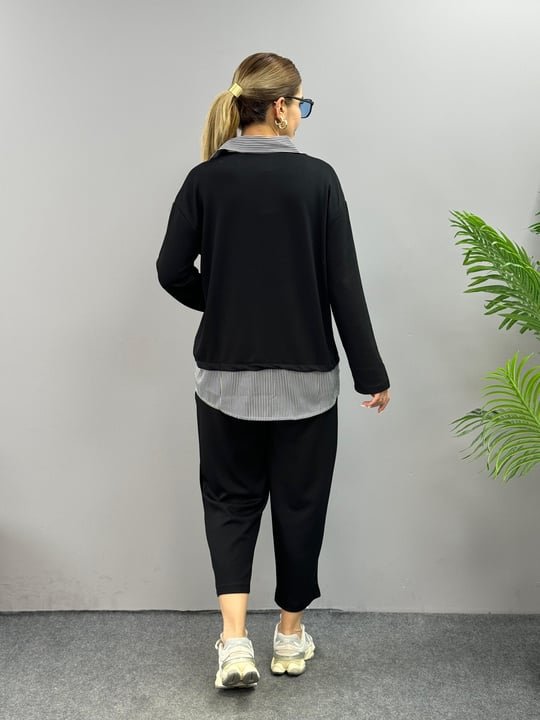Two-Piece Set with Polo Collar Shirt and Loose Balloon Trousers