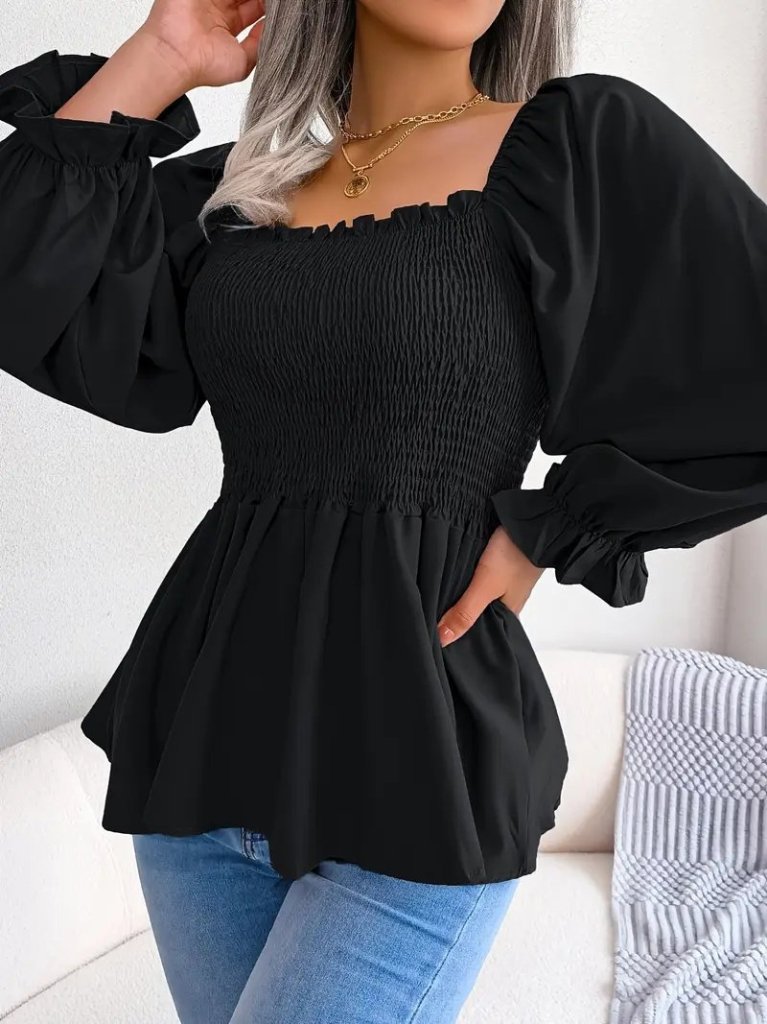 Women's Long Sleeve Geometric Collared Crêpe Blouse with Shirring Detail