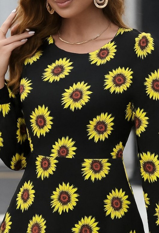 Women's Long Sleeve Crew Neck Patterned Short Crepe Dress