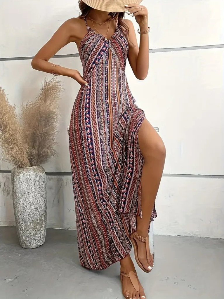 Women's Strappy Cross-back Slit Patterned Supra Dress