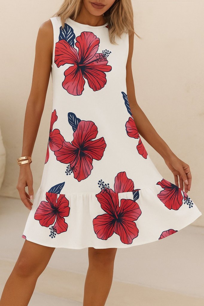Women's Sleeveless Back-Tie Ruffled Floral Supima Cotton Dress