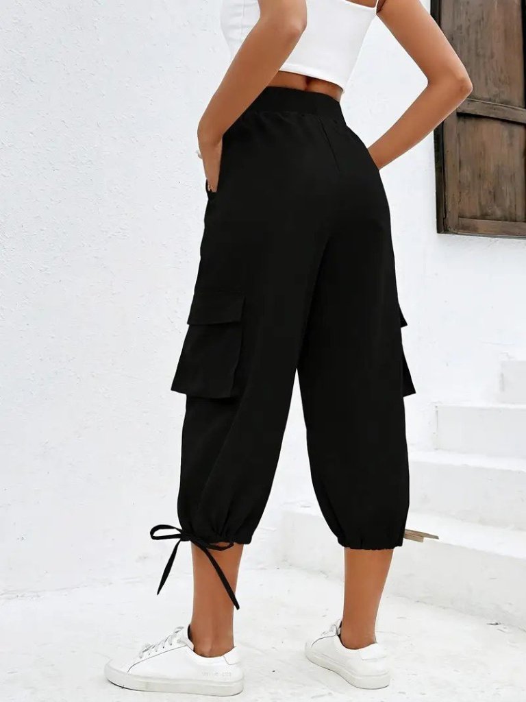Women's High Waist Elasticated Waist Drawstring Pocketed Cargo Viscose Two-Thread Trousers