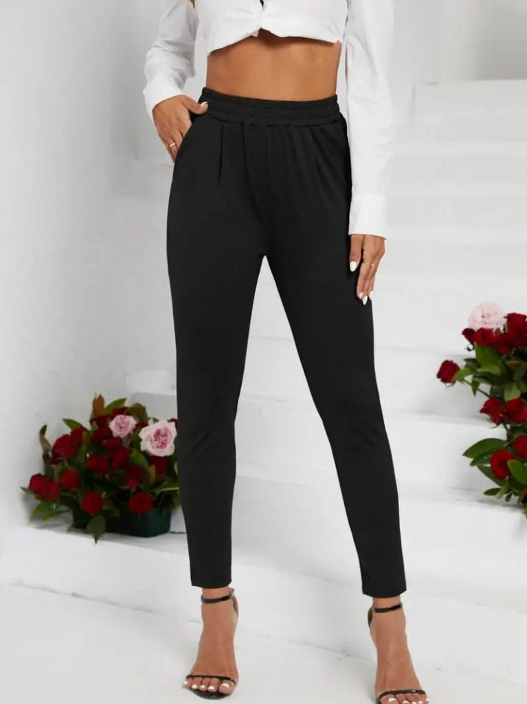 Women's Pleat Detail Elastic Waist Everyday Slim Fit Viscose Double Thread Trousers