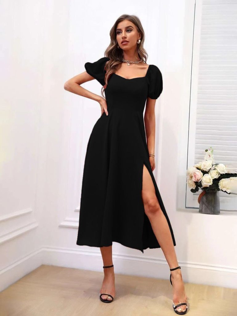 Women's Short Sleeve Square Neck Slit Midi Crepe Dress