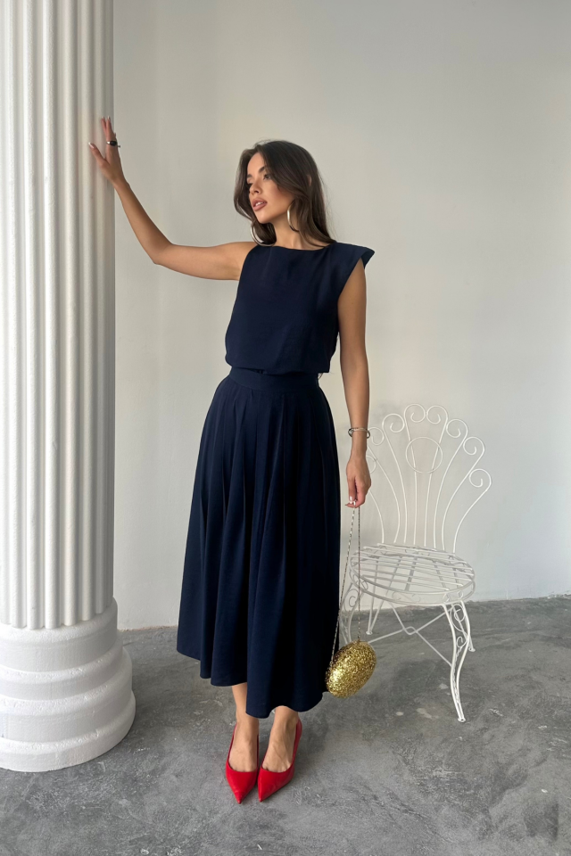 LINEN SLEEVELESS BLOUSE & MAXI SKIRT SET - Navy Blue