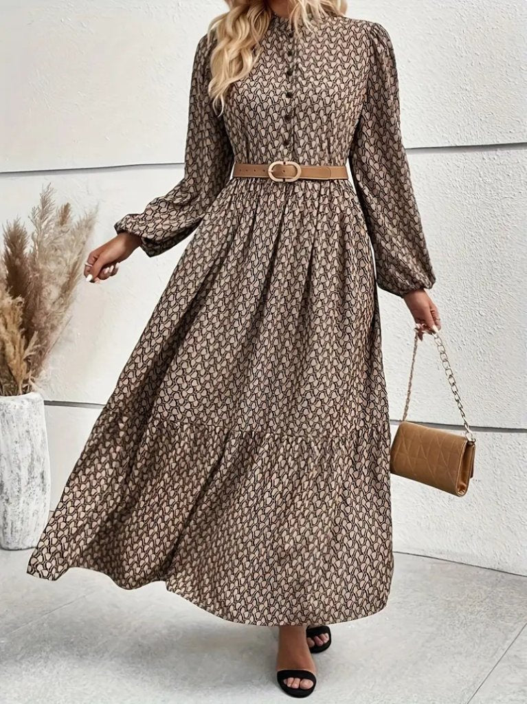 Women's Long Sleeve Stand Collar Buttoned Beltless Patterned Maxi Supreme Dress