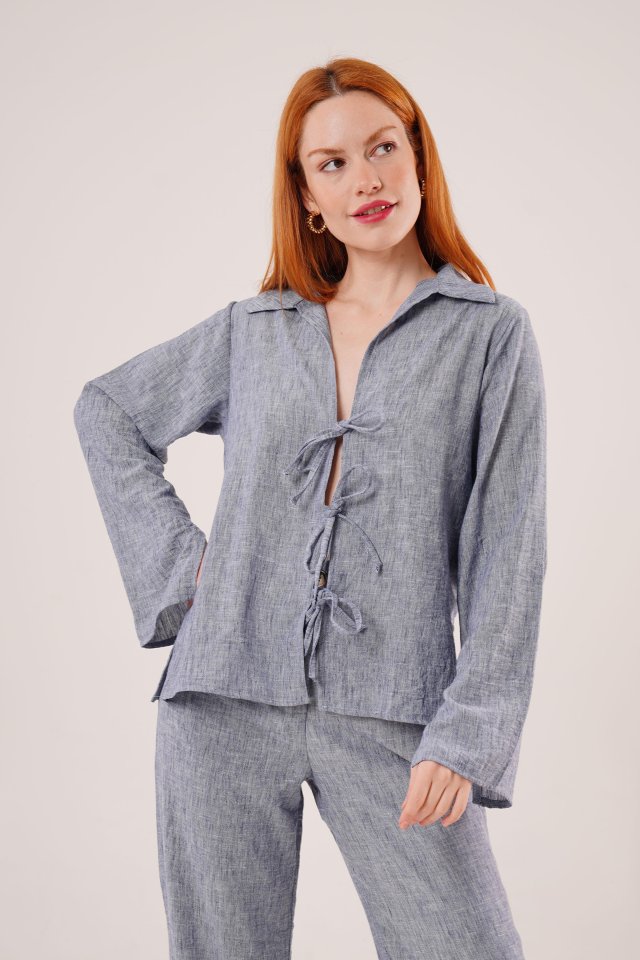 Pre-tied Detailed Trousers and Shirt Indigo Two-Piece Set