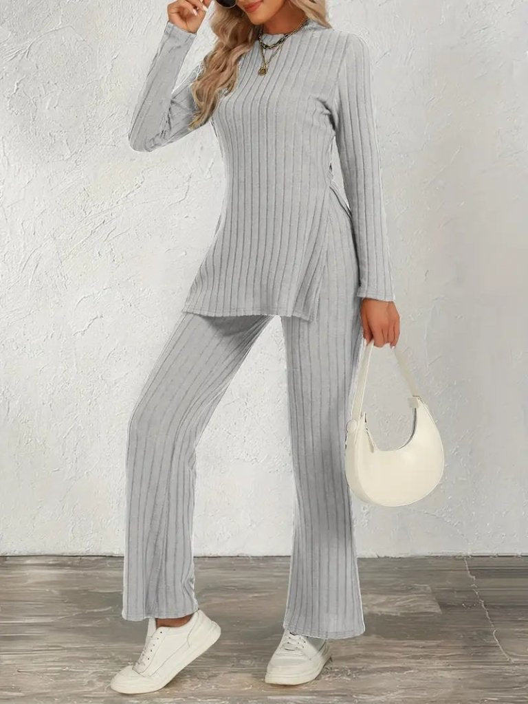 Women's Long-Sleeve Crew Neck Side Slit Brushed Ribbed Blouse and Pants Two-Piece Set