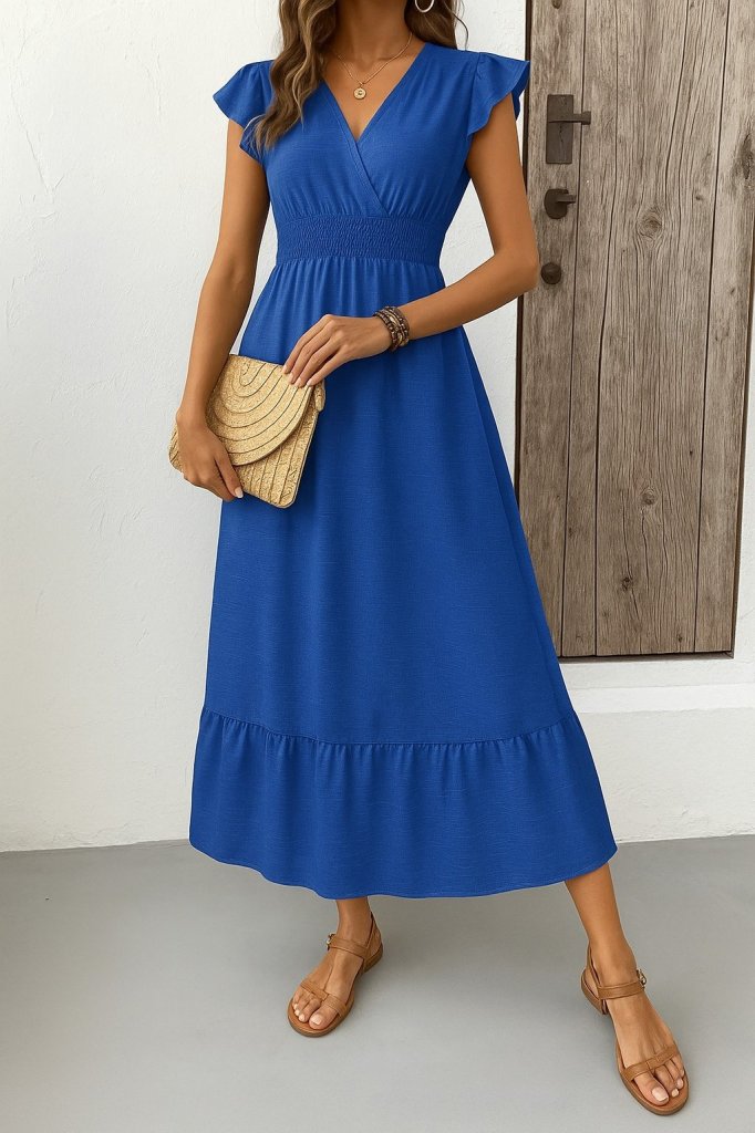 Women's Short Butterfly Sleeve Wrap Neck Elastic Waist Aerobin Dress