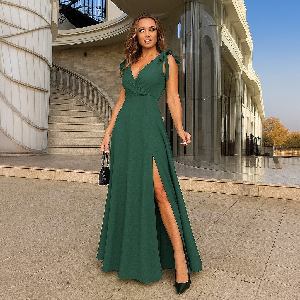 Women's Strappy Shoulder-Tie Wrap Neck Long Slit Iridescent Crepe Dress