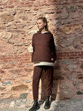 Women's Coffee Hoodie Hem Detail Badge Reverse Stitch Look Two-Piece Set