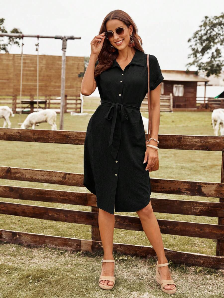 Women's Short Sleeve Collared Button-Front Belted Shirred Dress