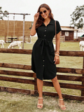 Women's Short Sleeve Collared Button-Front Belted Shirred Dress