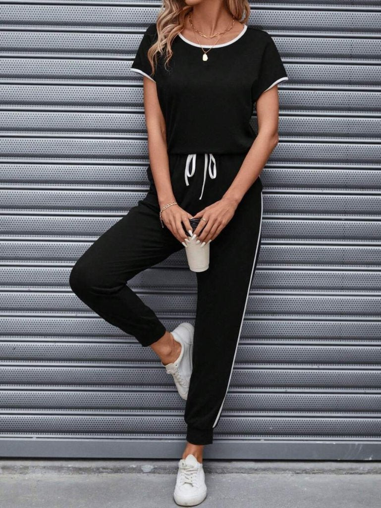 Women's Short-Sleeve Boat Neck Viscose Two-Thread Blouse and Tie-Waist Pants Two-Piece Set