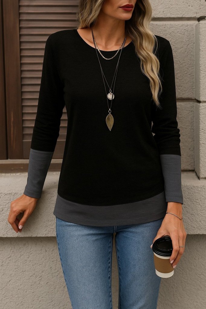 Women's Long Sleeve Open Round Neck Color Block Viscose Blouse