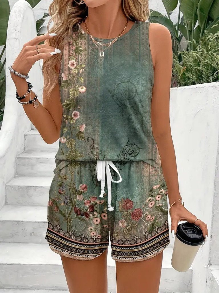 Women's Strappy Round Neck Floral Print Peplum Blouse and Shorts Set