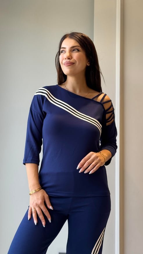 Women's Long Sleeve Three-Quarter Sleeve One-Shoulder Cross-Strap Ribbed Viscose Two-Yarn Blouse and Pants Set