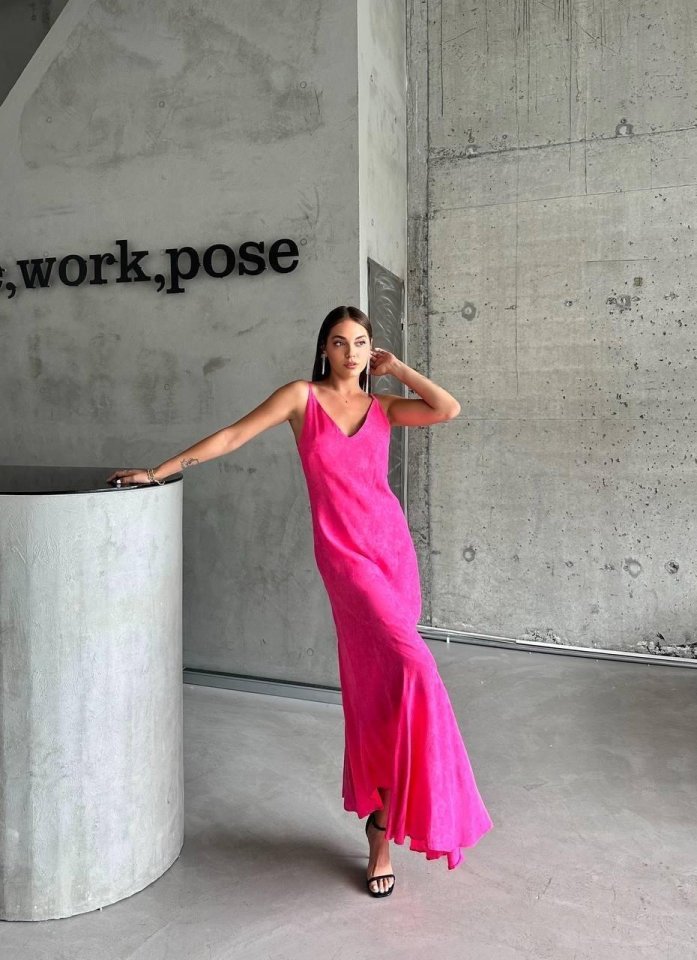 JACQUARD STRAP SATIN ASYMMETRIC DRESS - Pink