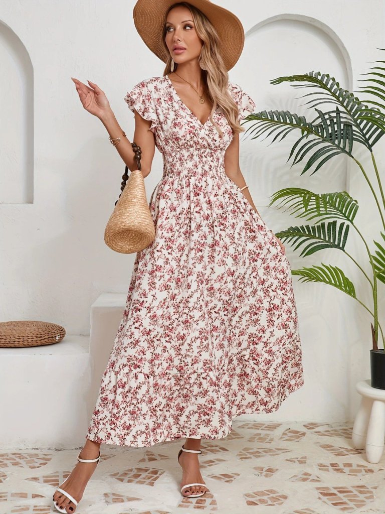Women's Short Sleeve Wrap V-neck Elastic Waist Floral Dress