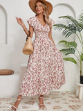 Women's Short Sleeve Wrap V-neck Elastic Waist Floral Dress