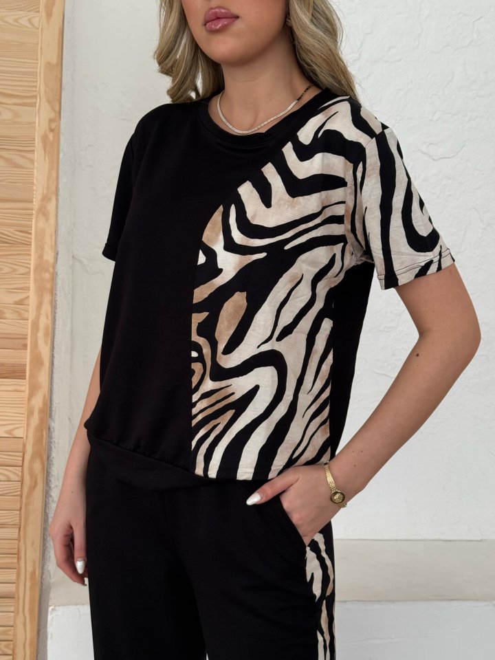Women's Crew Neck Short Sleeve Leopard Print Blouse and Pants Two-Piece Set