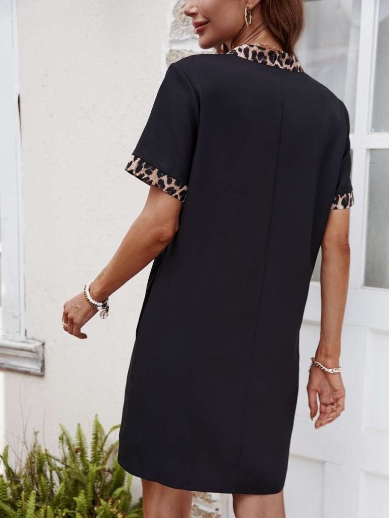 Women's Short Sleeve V-Neck Leopard Print Detail Modal Dress