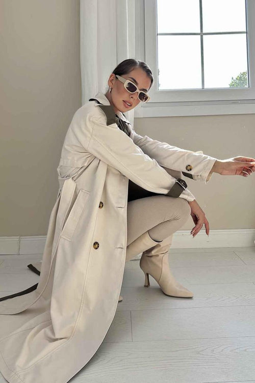 Beige Khaki Striped and Belted Trench Coat