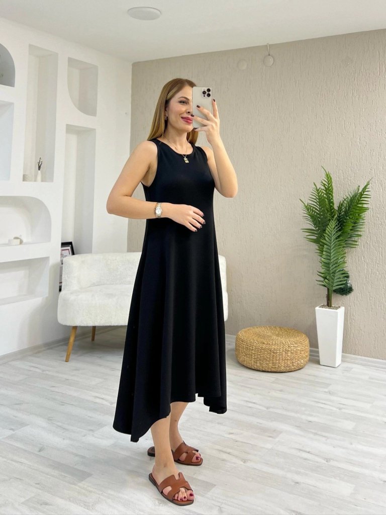 Women's Strappy Round Neck Asymmetrical Cut Viscose Dress