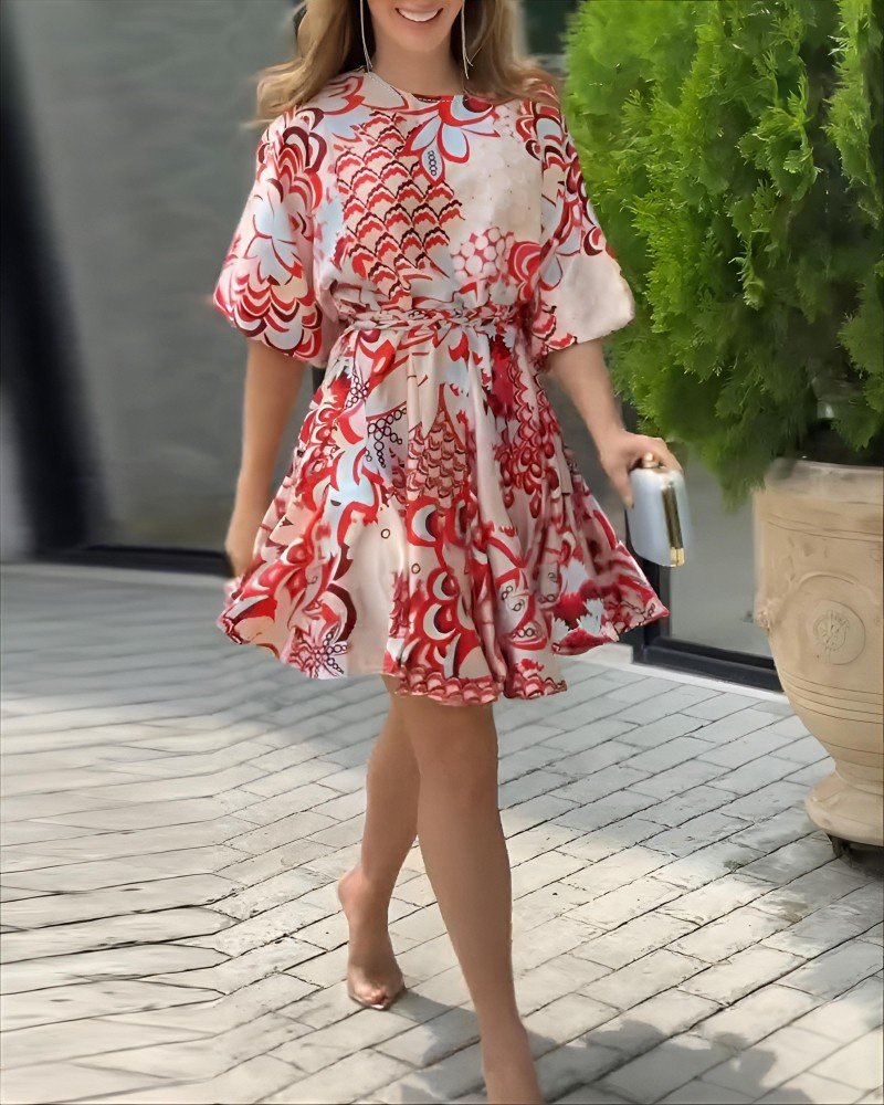 Women's Short Puff Sleeve Round Neck Pleated Patterned Mini Dress