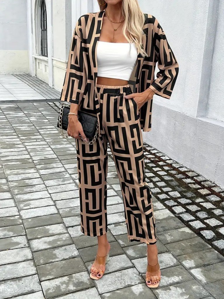 Women's Long Sleeve Open Front Patterned Double-Thread Jacket and Pants Two-Piece Set