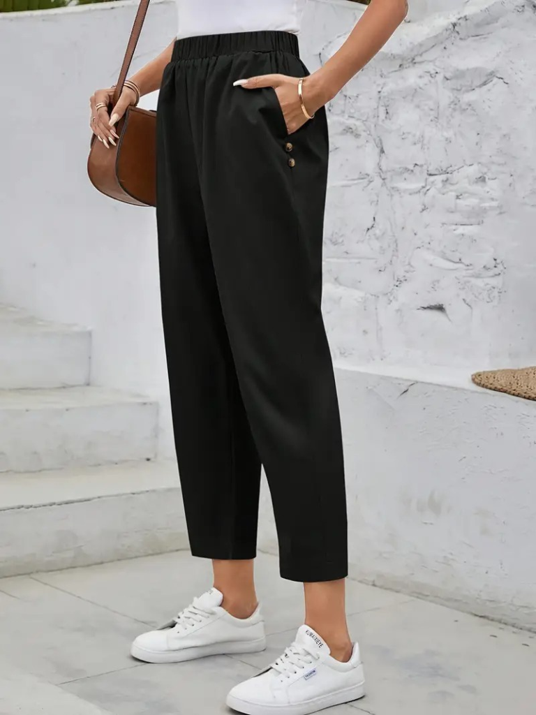 Women's High Waisted Wide Leg Imported Crepe Trousers with Side Pockets and Button Detail