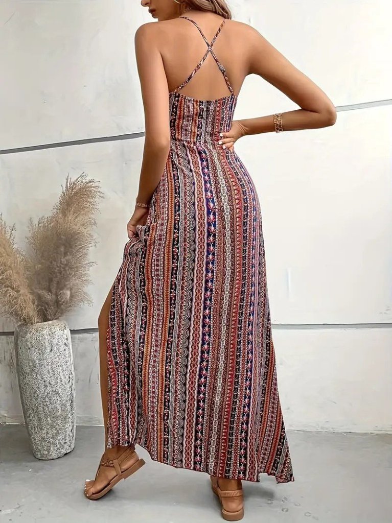Women's Strappy Cross-back Slit Patterned Supra Dress