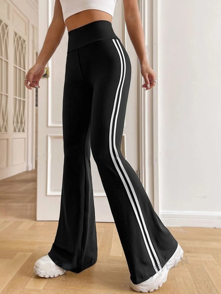 Women's High Waisted Scuba Flare Trousers with Tape Detail