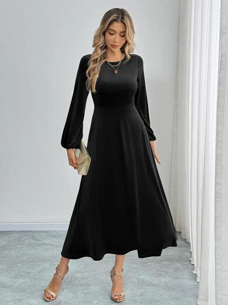 Women's Long Sleeve Crew Neck Midi Velvet Dress